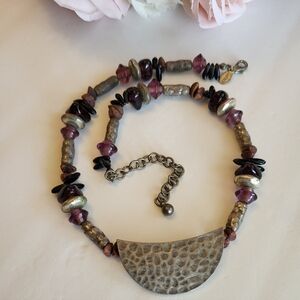 Chico's Necklace Modernist Style Stone Glass Beaded Hammered Pendant Silvertone